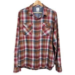 Volcom Shirt Mens Large Red Browning Sleeve Plaid Classic Fit Lumberjack Skater